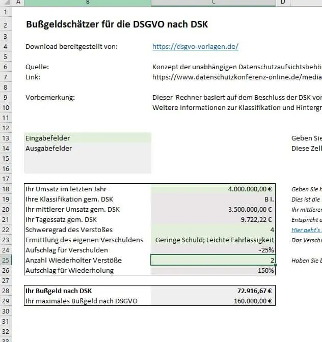 Bußgeldrechner nach DSGVO kostenlos herunterladen.