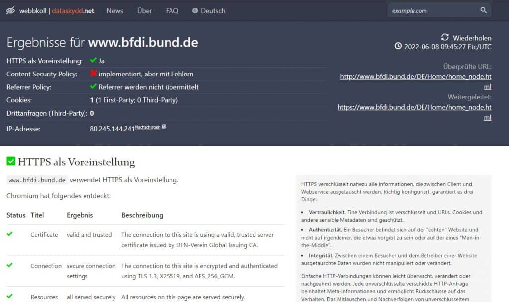 Screenshot der Seite https://webbkoll.dataskydd.net/de mit dem Ergebnis des Webseiten Audit nach DSGVO.